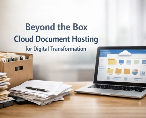 A laptop displaying cloud document hosting next to a pile of paperwork.