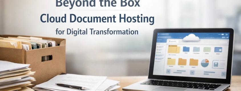 A laptop displaying cloud document hosting next to a pile of paperwork.
